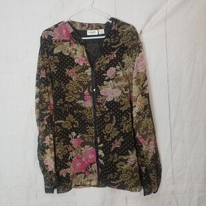 Claudia Richards Woman Floral Black Blouse with Pink and Gold Accents